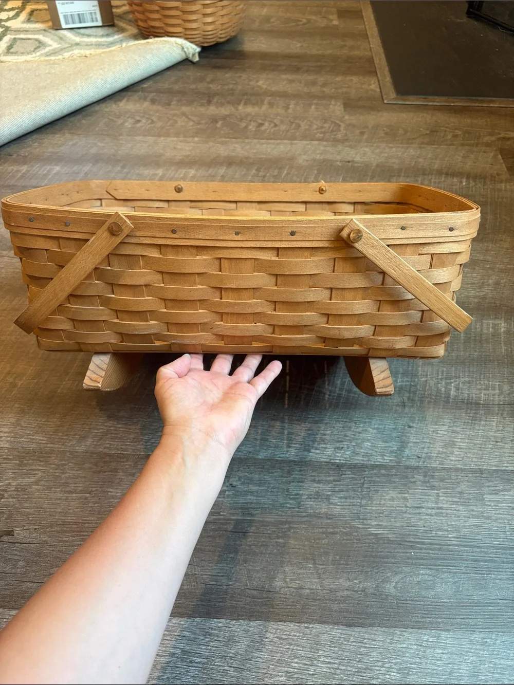 Longaberger Rocking Cradle Basket Brown Woven Handles 9”H